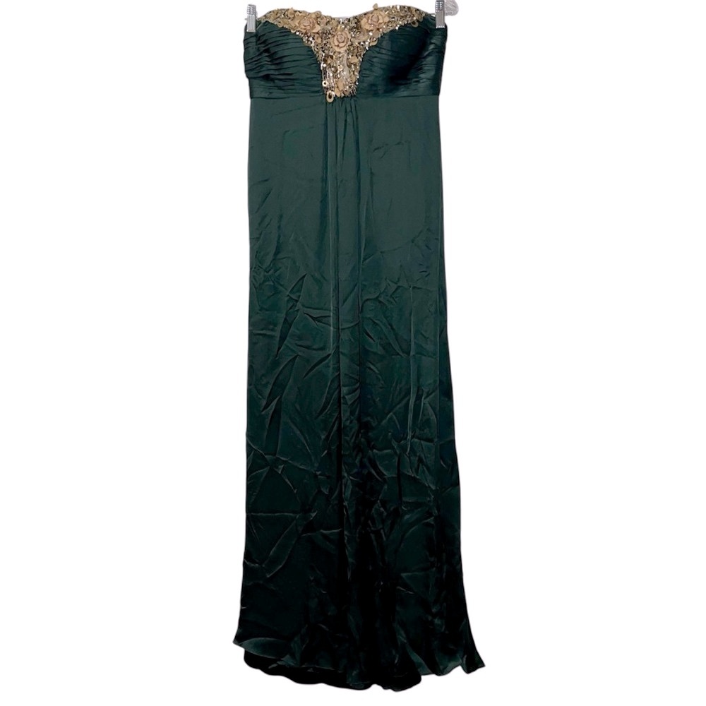 Theia Silk Strapless Dress with Gold Embellishments